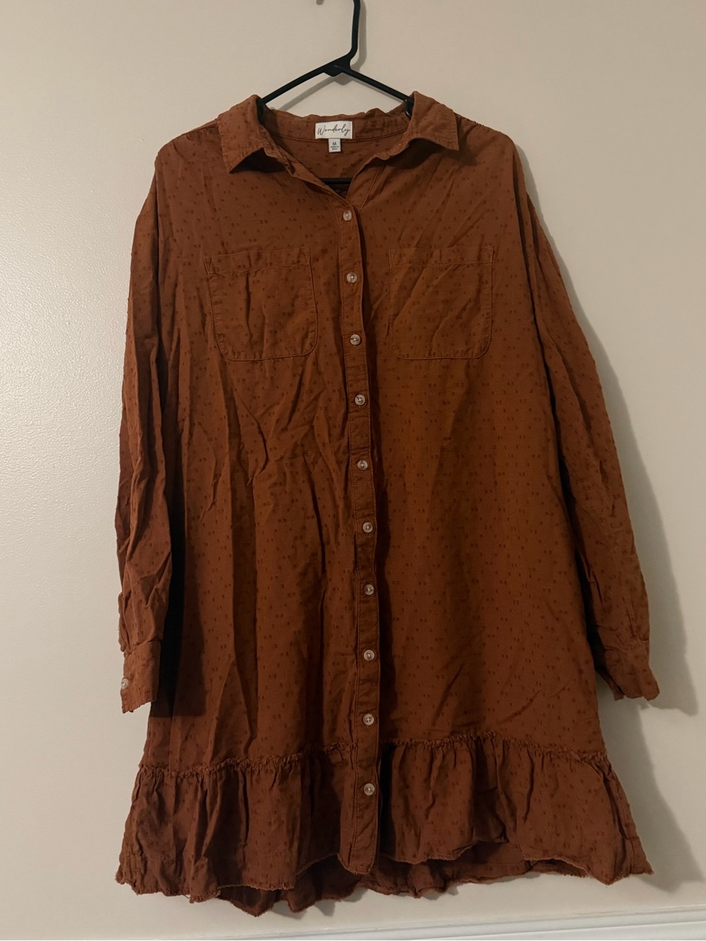 Wonderly Rust Brown Button-Front Ruffle-Hem Shirt Dress